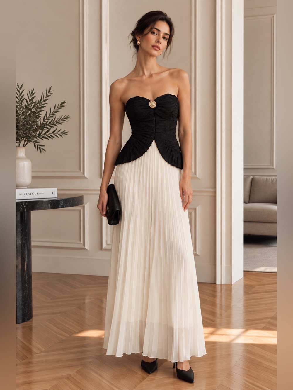Commense Black Cream Strapless Pleated Chiffon Maxi Dress S | Sold Out